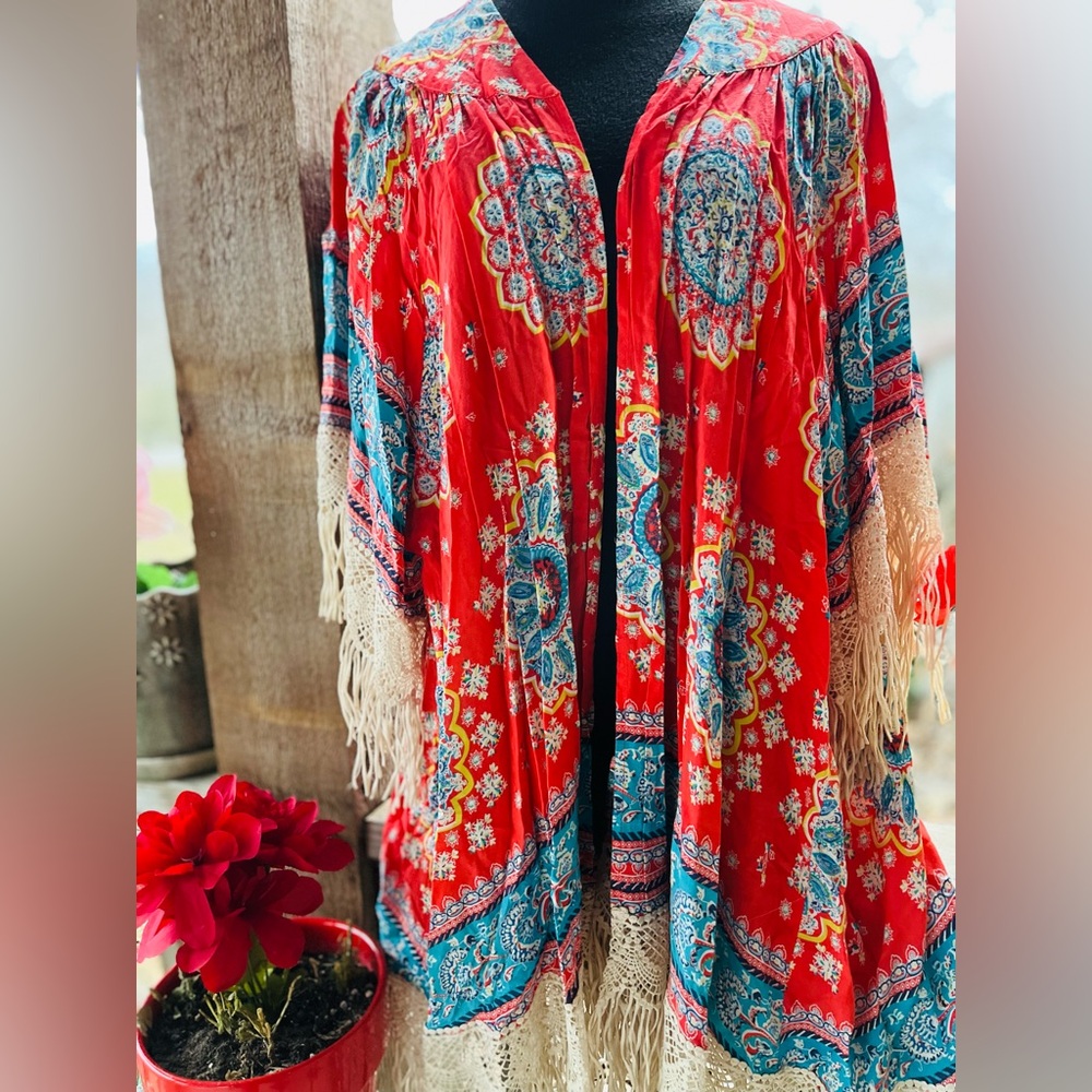 Umgee Boho Bold Coral Print Fringed Bell Sleeves Open Front Kimono Duster